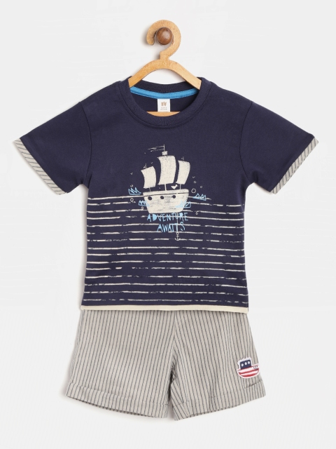 

TOFFY HOUSE Boys Navy Blue & Grey Printed T-shirt with Striped Shorts