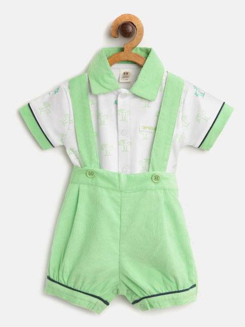 

TOFFY HOUSE Boys White & Green Printed Shirt & Corduroy Shorts with Attached Suspenders