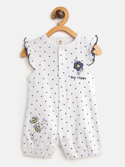 

TOFFY HOUSE Girls White & Navy Polka Dot Print Rompers