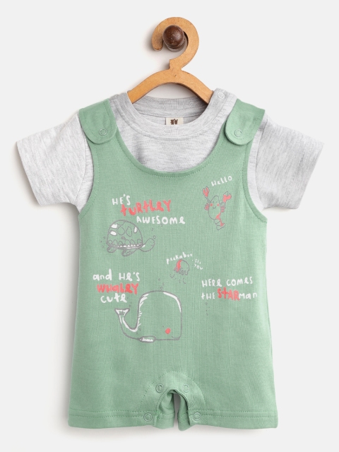 

TOFFY HOUSE Boys Grey Melange & Green Solid T-shirt with Printed Dungarees