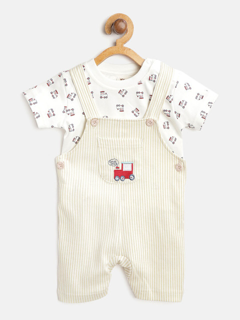

TOFFY HOUSE Boys White & Beige Printed T-shirt with Dungarees