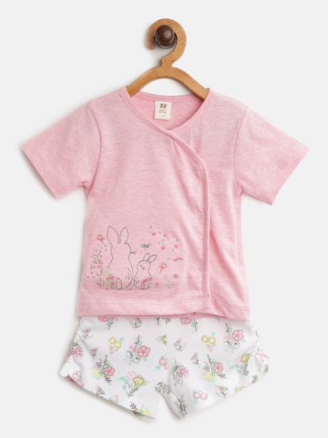 

TOFFY HOUSE Girls Pink & White Embroidered Top with Floral Print Shorts