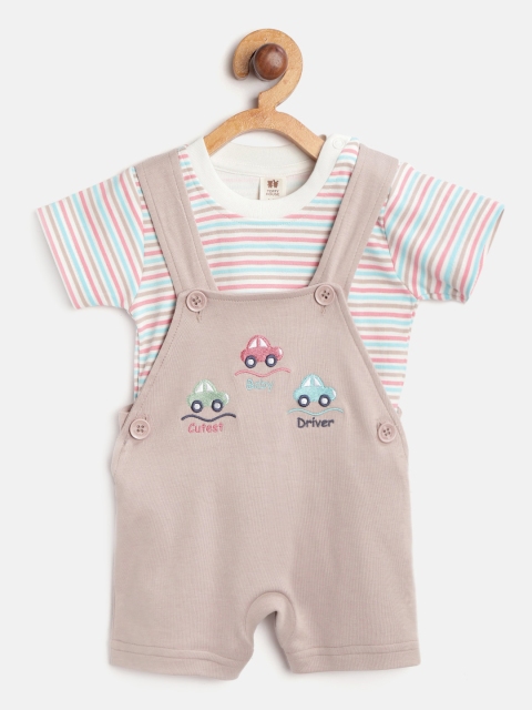 

TOFFY HOUSE Boys White & Beige Striped T-shirt with Dungarees