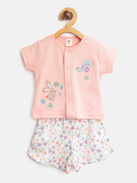 

TOFFY HOUSE Girls Peach-Coloured & White Embroidered Top with Floral Print Shorts
