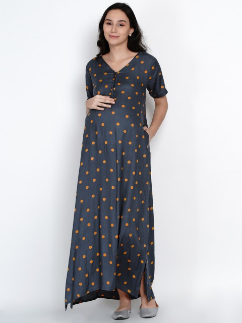 

Mine4Nine Women Grey Printed A-Line Maternity Dress