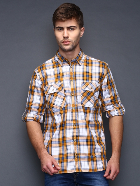 

SELA Mustard & White Checked Casual Shirt