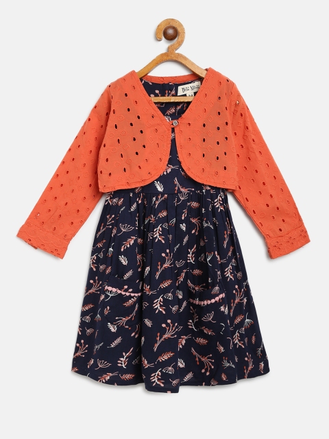 

Bella Moda Girls Navy Blue & Orange Floral Print A-Line Dress with Shrug