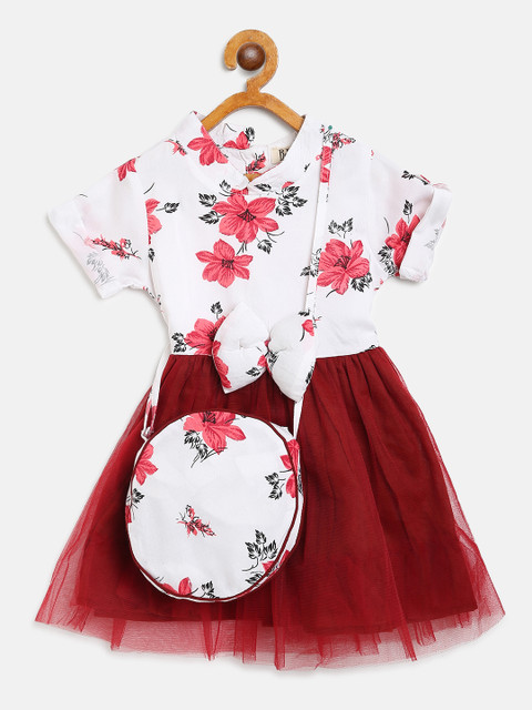 

Bella Moda Girls White & Maroon Floral Print A-Line Dress With Sling Bag