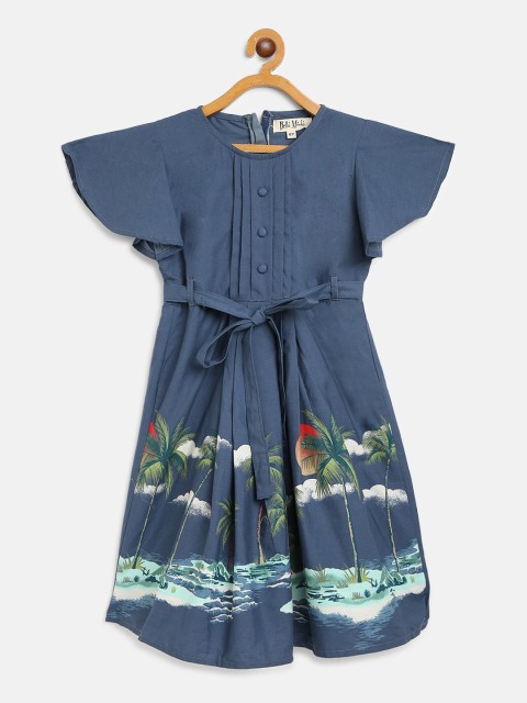 

Bella Moda Girls Navy Blue & Green Tropical Print A-Line Dress with Belt
