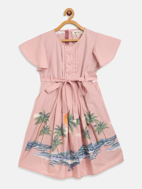 

Bella Moda Girls Pink & Green Tropical Print A-Line Dress with Belt