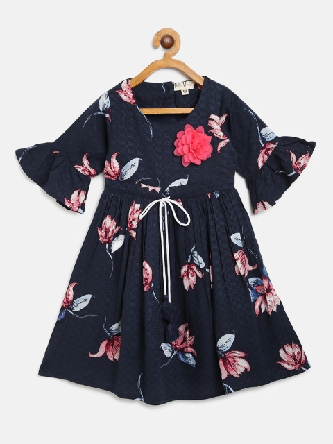 

Bella Moda Girls Navy Blue & Pink Floral Print A-Line Dress with Self-Design Detail