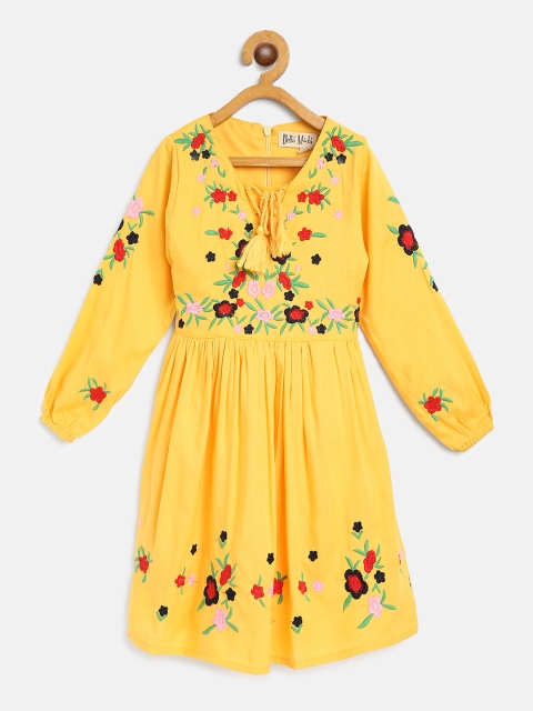 

Bella Moda Girls Yellow & Green Floral Embroidered A-Line Dress