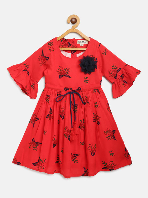 

Bella Moda Girls Red & Navy Blue Floral Print A-Line Dress