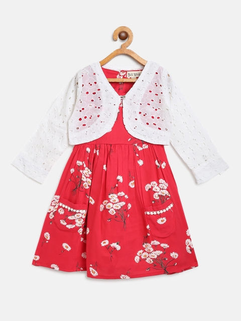 

Bella Moda Girls Coral Red & White Floral Print A-Line Dress with Shrug