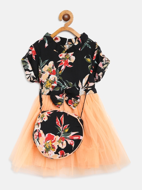 

Bella Moda Girls Black & Peach-Coloured Floral Print Fit and Flare Dress with Sling Bag