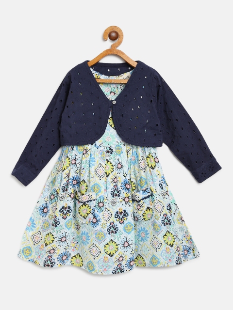 

Bella Moda Girls White & Blue Floral Print A-Line Dress with Shrug