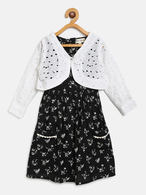 

Bella Moda Girls Black & Off-White Floral Print A-Line Dress With Shrug