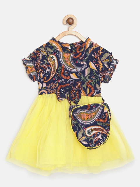 

Bella Moda Girls Navy Blue & Yellow Ethnic Motifs Print Fit & Flare Dress with Sling Bag