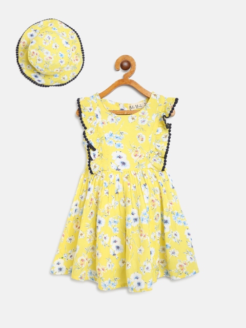 

Bella Moda Girls Yellow & White Floral Print A-Line Dress with Hat