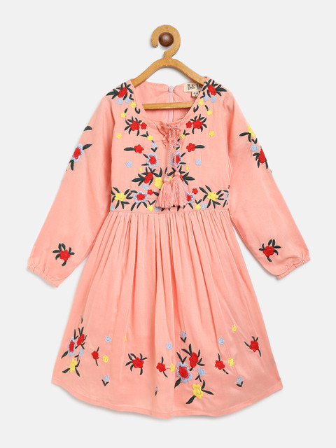 

Bella Moda Girls Peach-Coloured & Green Floral Embroidered A-Line Dress