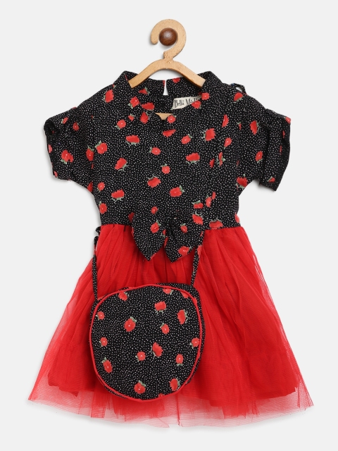 

Bella Moda Girls Black & Red Floral Print Fit and Flare Dress with Sling Bag