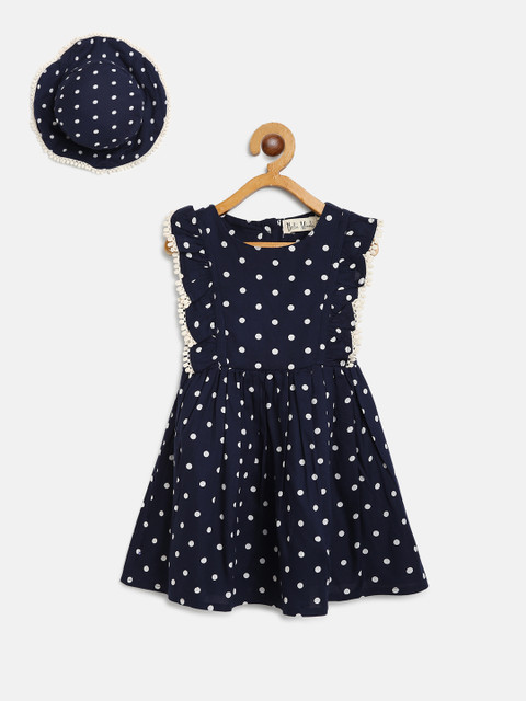 

Bella Moda Girls Navy Blue & Off-White Polka Dot Print A-Line Dress With Hat