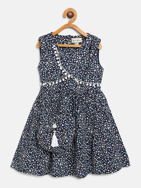 

Bella Moda Girls Navy Blue & White Printed Layered A-Line Dress with Sling Bag