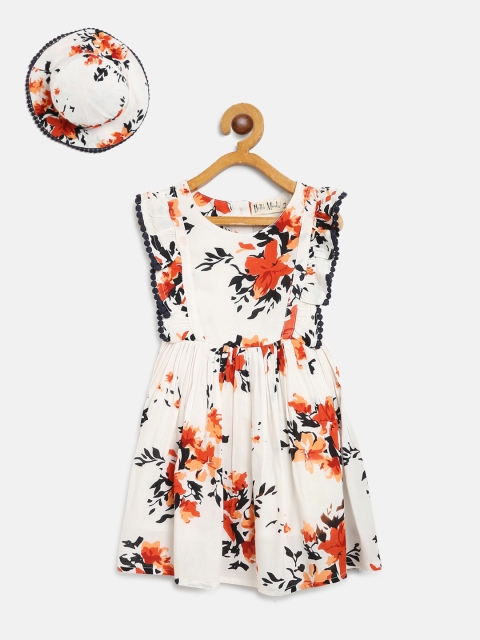 

Bella Moda Girls Off-White & Orange Floral Print A-Line Dress With Hat