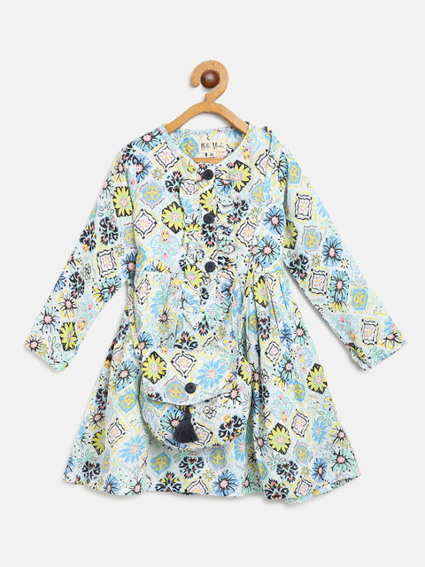 

Bella Moda Girls White & Blur Floral Print A-Line Dress With Sling Bag