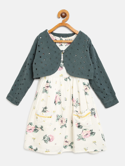 

Bella Moda Girls White & Olive Green Floral Print A-Line Dress with Shrug