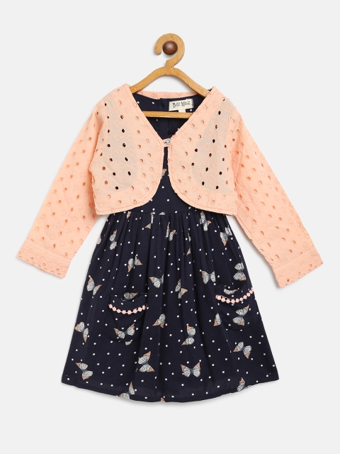 

Bella Moda Girls Navy Blue & Peach Coloured Printed A-Line Dress with Shrug