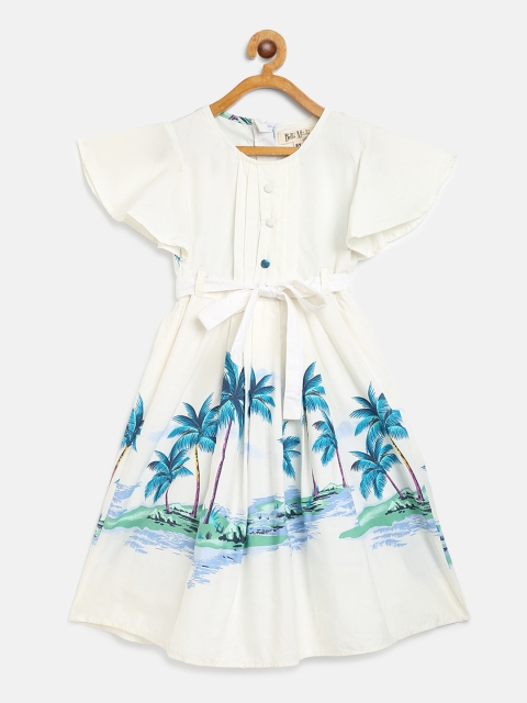 

Bella Moda Girls White & Turquoise Blue Tropical Print A-Line Dress with Belt