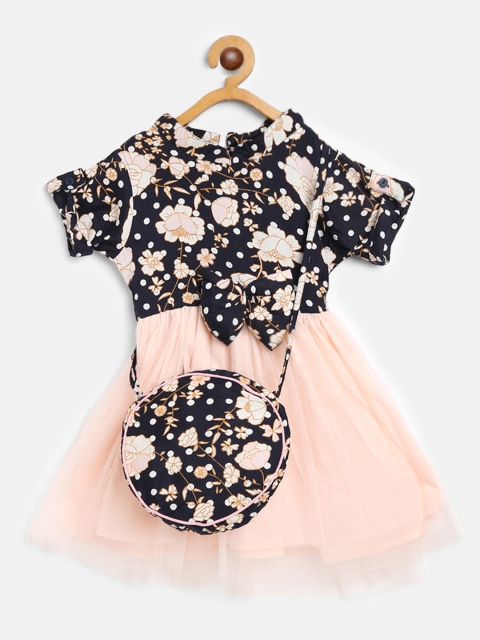 

Bella Moda Girls Navy Blue & Pink Floral Print A-Line Dress With Sling Bag