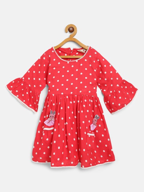 

Bella Moda Girls Red & White Polka Dot Print A-Line Dress with Applique Detail