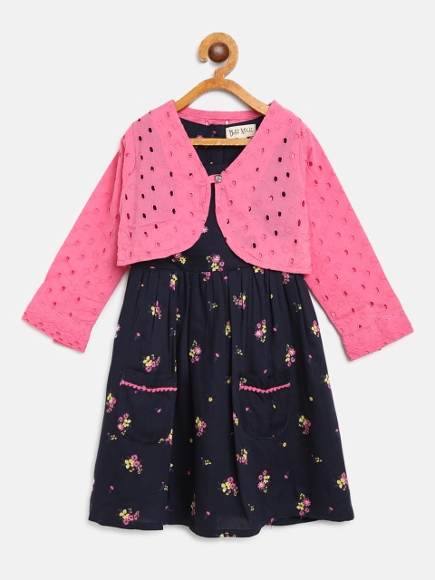 

Bella Moda Girls Navy Blue & Pink Floral Print A-Line Dress With Shrug