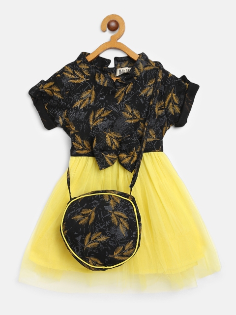 

Bella Moda Girls Black & Yellow Tropical Print A-Line Dress With Sling Bag