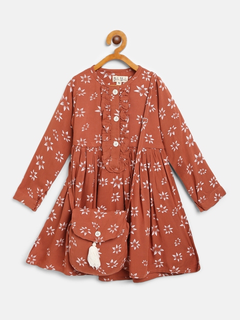 

Bella Moda Girls Rust Brown & Off-White Floral Print A-Line Dress with Sling Bag