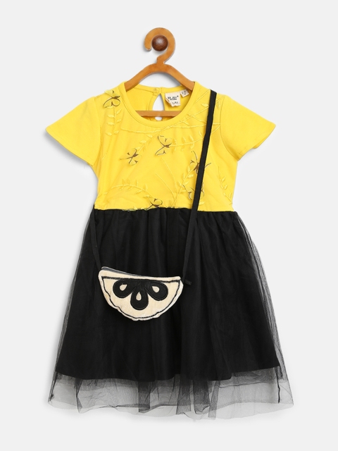 

Bella Moda Girls Yellow & Black Net Colourblocked Fit & Flare Dress with Sling Bag
