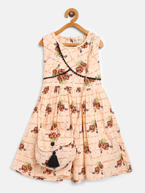 

Bella Moda Girls Peach-Coloured & Rust Red Floral Print A-Line Dress With Sling Bag