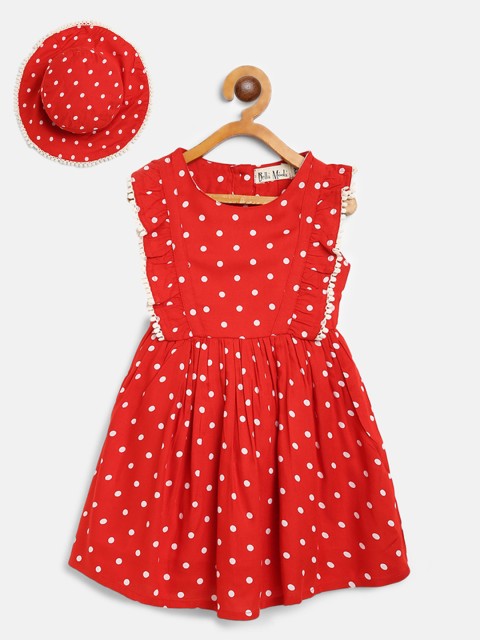 

Bella Moda Girls Red & Off-White Polka Dot Print A-Line Dress with Hat