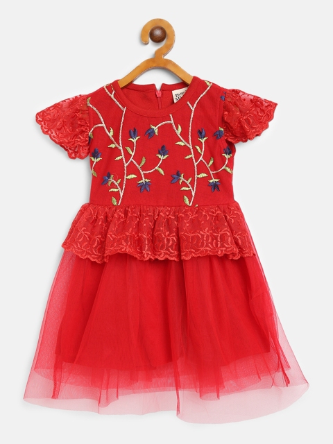 

Bella Moda Girls Red Net Embroidered Fit and Flare Dress