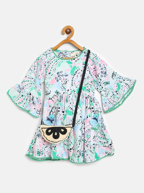 

Bella Moda Girls Green & White Printed A-Line Dress with Sling Bag