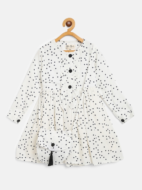 

Bella Moda Girls White & Navy Blue Polka Dot Print Fit and Flare Dress with Sling Bag