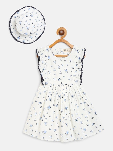 

Bella Moda Girls White & Navy Blue Floral Print Fit and Flare Dress with Hat