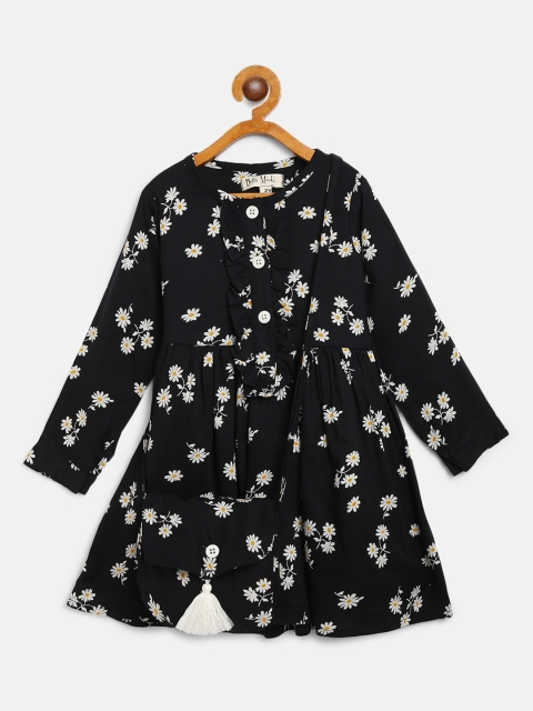 

Bella Moda Girls Black & White Floral Print Fit and Flare Dress with Sling Bag
