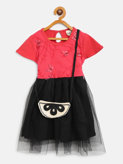 

Bella Moda Girls Pink & Black Net Colourblocked Fit & Flare Dress with Sling Bag
