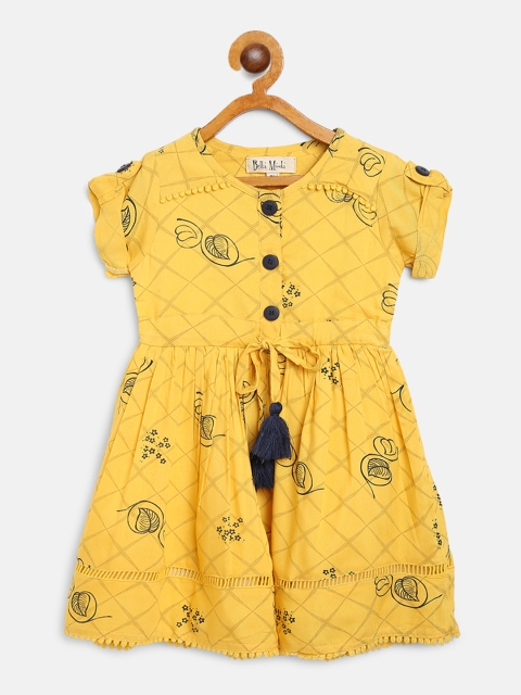 

Bella Moda Girls Mustard Yellow & Navy Blue Leaf Print A-Line Dress