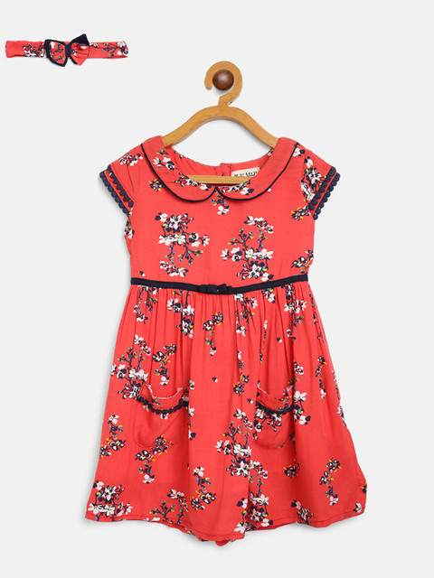 

Bella Moda Girls Coral Red & Navy Blue Floral Print A-Line Dress with Hairband