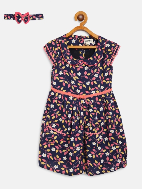 

Bella Moda Girls Navy Blue & Pink Floral Print A-Line Dress with Hairband