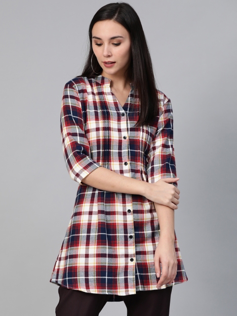 

One Femme Women's Navy Blue & Maroon Checked Tunic